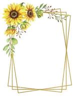 marco dorado con flores de girasol, ilustración acuarela vector