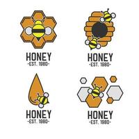 logotipo de miel de estilo plano con abeja aislada en blanco. icono del logotipo de la naturaleza diseño de alimentos. establecer logotipo de miel dulce amarilla orgánica con panal y abejita