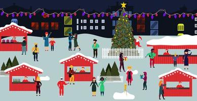 Christmas market vector people winter holiday xmas flat illustration. Red stall with crowd and celebration tree. New year background banner season december sale. Happy city event shop cartoon poster