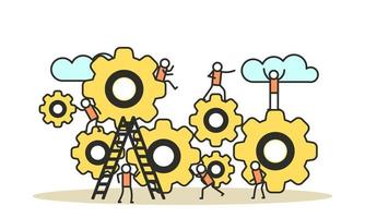 Man and woman business organization with circle gear vector concept illustration mechanism teamwork. Skill job cooperation coworker person. Group company process development structure workforce banner