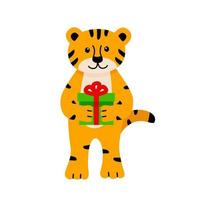 un tigre lindo de dibujos animados tiene un regalo de navidad en sus patas. ilustración vectorial, el concepto de navidad y año nuevo vector