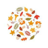 Doodle fall color set of tree leaves and mushrooms, autumn concept, vector illustration