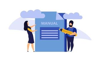 Man and woman create document book manual. Business handbook advice content vector. Online web paper digital illustration article journalism. Social marketing blogging design. Promotion banner guide vector