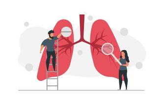 Man with pill and woman with magnifier treat lungs of people vector illustration