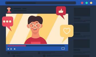 Video live streaming concept. The man talks on video online. Blogger creates content vector illustration