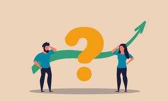 Question problem and people job challenge. Office work brainstorm and business arrow vector illustration concept. Colleague cooperation team and worker discussion. Searching creative strategy idea