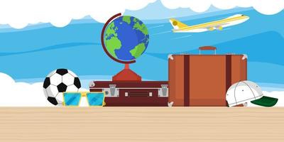 fondo de vector de ilustración de viaje con globo, avión, bolsa y nubes. avión plano turismo vacaciones viaje mundial. tour de verano concepto aventura banner tarjeta de crucero