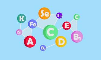 complejo de vitaminas y minerales para la salud. nutrición de alimentos saludables y dieta con vitaminas y minerales. cápsulas médicas multicolores con ilustración de vector de concepto de título de vitaminas