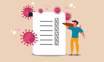 New business normal after the pandemic. A man with a pencil make a todo list of plans to be made vector illustration. The results of the work of entrepreneurs after the virus. Job questionnaire report