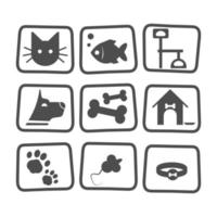 iconos de mascotas con peces, perros, gatos y ratones aislados en blanco. negro animal mascota colección símbolo cuidado veterinario. colección de mascotas icono vector