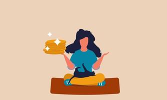 Young financial woman with income money and relax. Worker yoga monetization and meditation investing vector illustration concept. Businesswoman freelancer saving and growth finance investment to cash