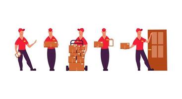 Delivery worker people illustration vector set with box service. Business man in uniform courier shipping job logistic. Cargo express character isolated. Mail container order post concept