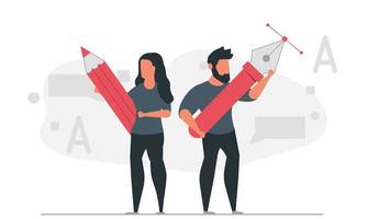 A community of designers from creative people. Woman holding pencil and man holding pen vector illustration