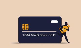 Data robbery and crime fraud with credit card and thief. Man with mask hack password and steal access vector illustration concept. Cartoon character bandit looting money. Internet protect and phishing