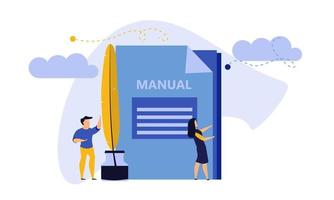 Man and woman create document book manual. Business handbook advice content vector. Online web paper digital illustration article journalism. Social marketing blogging design. Promotion banner guide vector