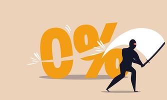 Zero percentage bank commission and budget money. Economic discount and government finance risk vector illustration concept. Business collapse and limited loan. Market investment and price off