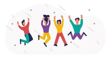 Happy people jumping vector illustration fun background. Young people woman and man jump celebration party active. Action crowd freedom motion concept character. Human together enjoy team friend