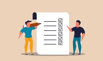 Document list plan with people and man check task. Completion checklist and choose duty leadership vector illustration concept. Office test report and questionnaire survey. Successful management note