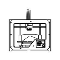 Contorno de icono de diseño de tecnología de vector de impresora 3d. modelo de fabricación de línea de ingeniería a partir de plástico y símbolo de concepto de industria delgada. innovación empresarial ilustración y prototipo de máquina de impresión