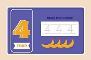 Number four tracing practice worksheet with 4 banana. Training write and count numbers concept. Vector illustration.