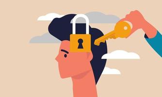 Business secret and padlock secure man. Privacy idea and discovery intelligence opportunity vector illustration concept. Improvement people and performance unlock. Leadership effective and forward