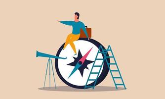 Business discovery and leader man journey. Strategy executive navigation way and compass arrow vector illustration concept. Future vision mission and looking navigate for motivation. Target planning