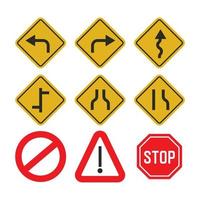 señales de tráfico en carretera en amarillo y rojo. dirección del coche en la carretera iconos ilustración vectorial forma poste indicador vector
