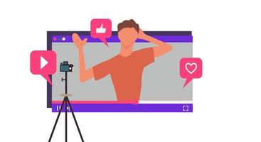 Blogger recording media video on camera. Digital technology broadcast online network illustration. Vlog stream live multimedia. Connection cyberspace channel freelancer videographer design vector