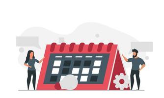 la gente está planeando su calendario para el futuro. el hombre y la mujer están ocupados programando su ilustración de vector de tiempo