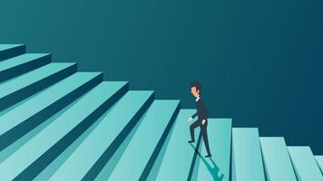 Success career businessman concept background. Future ambition growth personal motivation. Man climb in stairs step on business. Vector illustration job challenge promotion. Coach work target high up.