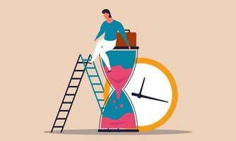 Lazy sandglass and waste time finance problem. Deadline work and depression man to business vector illustration concept. Management career solution and employee think. Stressful timeline process