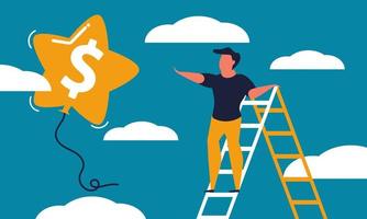 Man on the stairs catches a balloon with a dollar. Ladder business and ambition start up people vector cartoon illustration concept. Freedom strategy vision and finance climb growth. Investor work