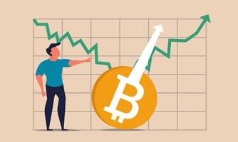 bitcoin crypto high and rise símbolo de aumento. btc virtual impulsa el negocio y la riqueza futura hasta el concepto de ilustración vectorial. Criptomoneda de dinero en red y moneda de gráfico de crecimiento. moneda del mercado de inversión vector