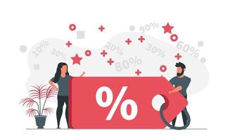 Discount concept with people. Man and woman want to get big discounts. Vector illustration sales promotion