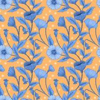 Blue flowers and leaf on yellow background seamless pattern. vector