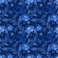 Blue ornate damask flower ornament seamless pattern. vector
