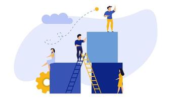 Advertising puzzle from cube block vector flat illustration. Analytics chart business job people teamwork. Community deal banner cooperation jigsaw. Human alliance office group work company team