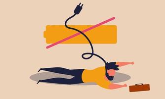 Worker sleep with low battery. Business break character and routine problem overwork vector illustration concept. Office man have pressure and exhaustion energy. People discharged charge and weak