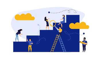 Achievement target career challenge vector flat illustration. People kpi walking steps to direction. Job journey business success leader ambition. Goal progress up climbing performance banner