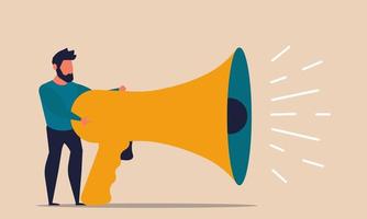 Megaphone with shout man and employee character promotion job. People voice loud news and person vector illustration concept. Public scream and speech message. Business broadcast and announcement