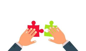 Teamwork vector flat concept illustraion design. Businessmen hands create puzzle together.
