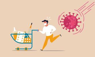 Buy from store panic curfew fear lockdown. Crisis shop health food coronavirus pandemic supplies. People on market quarantine with trolley. Vector illustration corona epidemic disease human shock