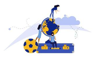 Challenge journey man and woman vector concept illustration with suitcase,ball,cap. Business achievement career success goal. Target aim direction way. Travel motivation job banner. Trekking adventure