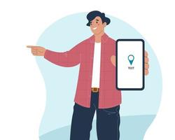 Cheerful beautiful young man points direction with his finger. In his other hand he holds smartphone, destination is displayed on screen vector