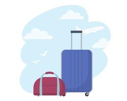 Luggage, suitcase and bag on background of sky and plane. Concept of travel vector