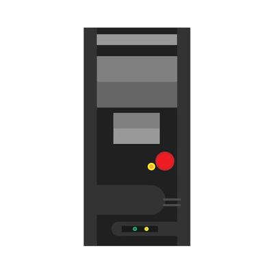 Tower computer vector flat icon server hardware, Black PC cpu case network. Workstation system office box tall storage