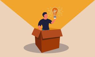 Innovation open box and think outside for business. Smart businessman growth and vision strategy vector illustration concept. Power imagination and research creativity idea. Invention thinking human