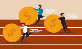 Coin bank race and fast economy challenge. Growth wealth and get 401k money vector illustration concept. Businessman running and trade virtual currency. Investment horizontal sprint or finance income