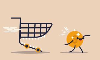 Money trouble and poor character employee investment. Dollar loan market and business bankruptcy vector illustration concept. Shop trolley cart run for coin and economic debt problem currency