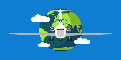World travel air vector illustration background. Airplane flight trip holiday concept. Vacation journey globe adventure around Earth. Business plane aircraft global tour